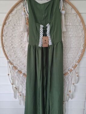 Boho Olive Green Duster with Lace-Up Detail Fashion Costumes Size Small